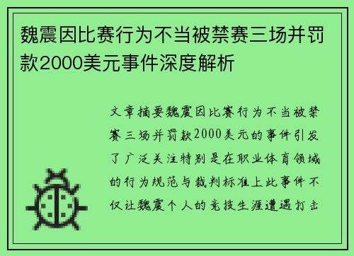 魏震因比赛行为不当被禁赛三场并罚款2000美元事件深度解析 魏震因比赛行为不当被禁赛三场并罚款2000美元事件深度解析