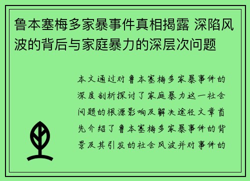 鲁本塞梅多家暴事件真相揭露 深陷风波的背后与家庭暴力的深层次问题